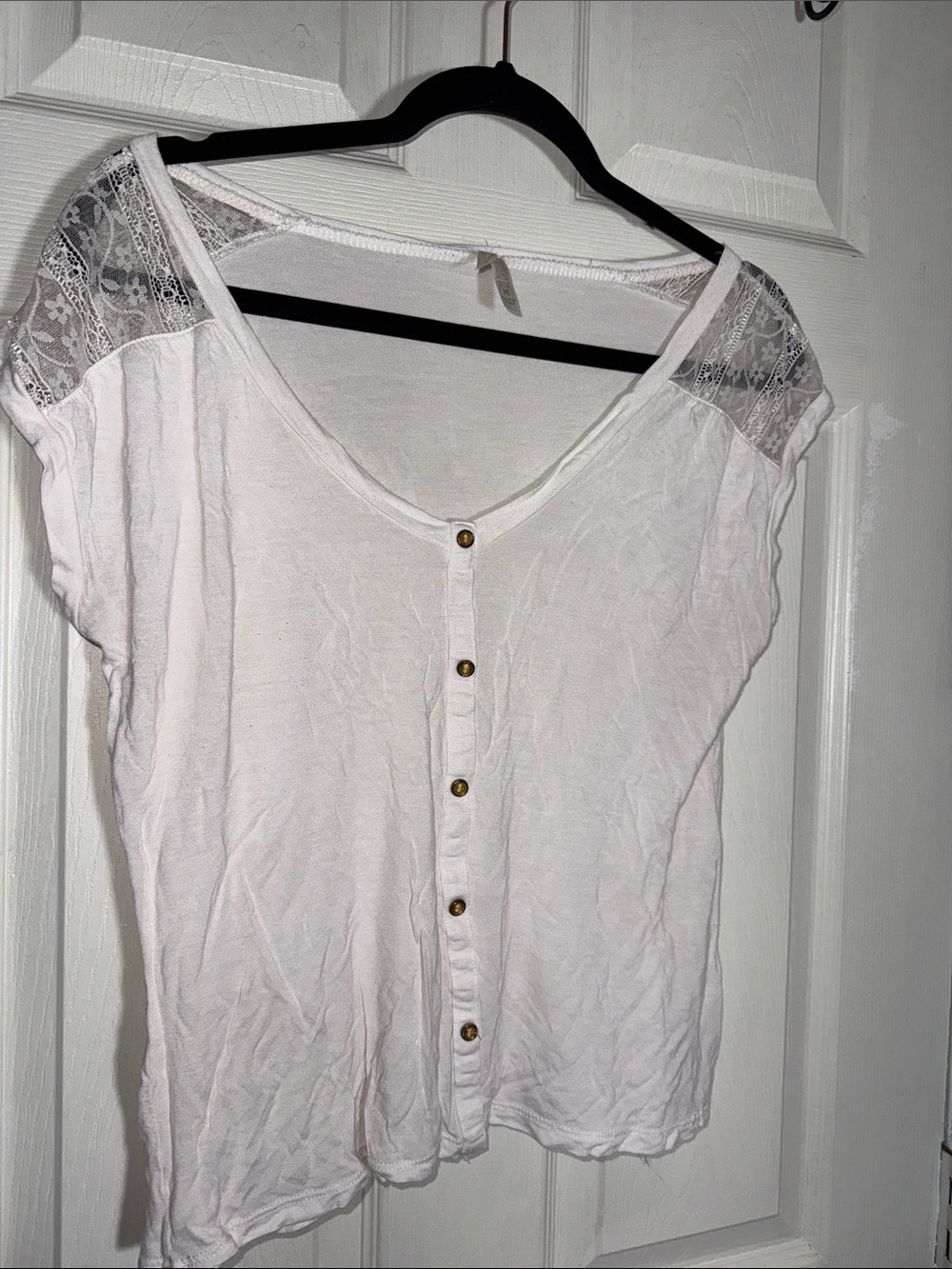 White Lace-Trim Button-Front Women’s Blouse